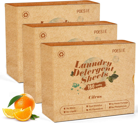 Poesie Laundry Detergent Sheets Citrus Scent 3 Pack 480 Sheets 240 Loads Zero Plastic Portable