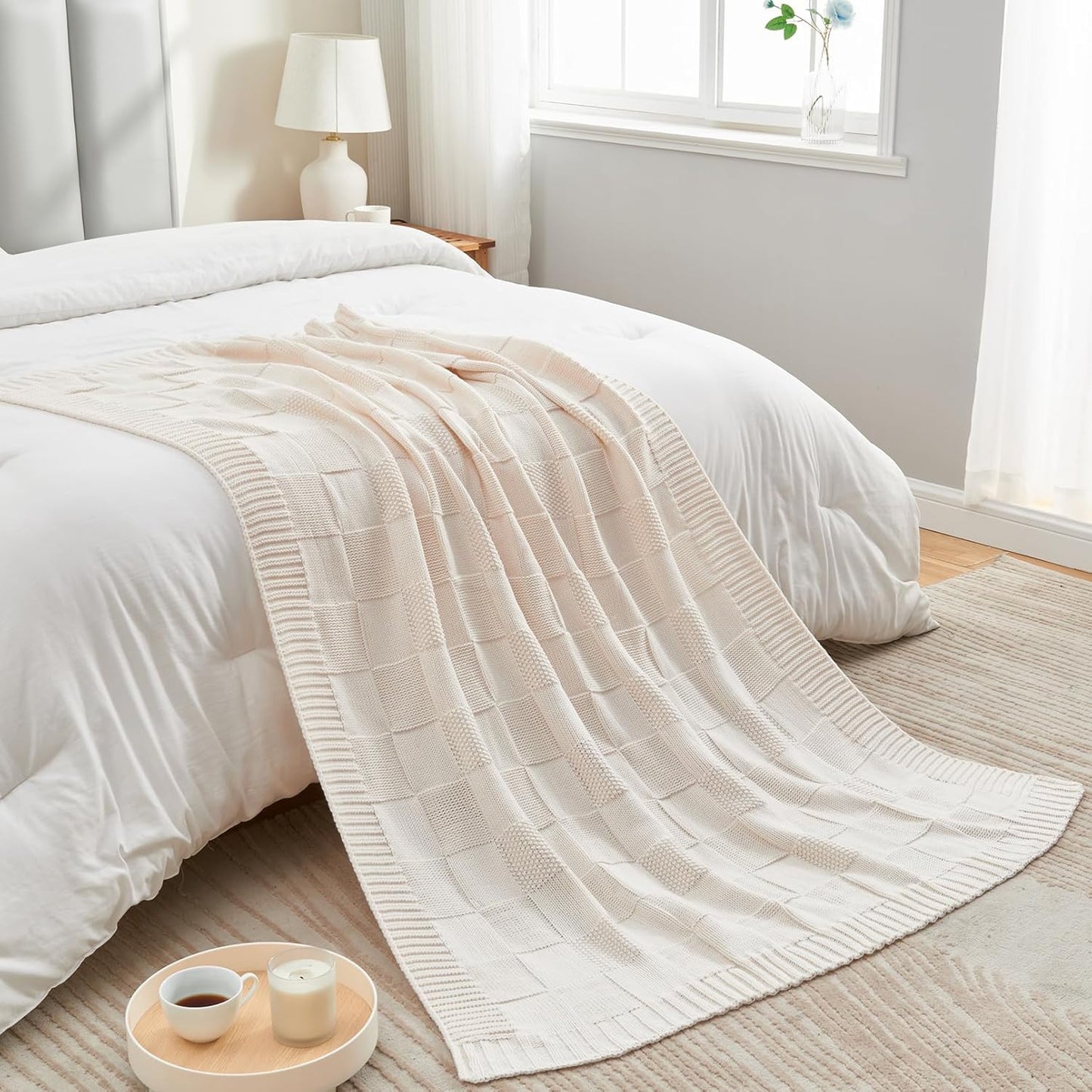 CozeCube Check Knit Throw Blanket, Cream White Checkered Throw for Couch, Decorative Christmas Soft Cozy Warm Knitted Blanket for Bed Sofa Living Room, 60"X80"