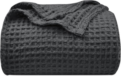 PHF Ultra Soft Waffle Weave Throw Blanket 50"x 60"- Washed Lightweight Breathablee Cozy Woven Blanket - Great for Couch Bed Sofa Home Car - Black