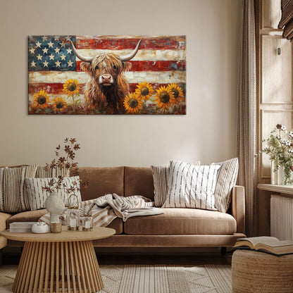 LASMOND Country Highland Cow Wall Art for Living Room Rustic Retro Vintage American Flag Sunflower Canvas Painting Prints Highland Cattle Artwork Farmhouse Bedroom Office Decor (40x20 Inches)