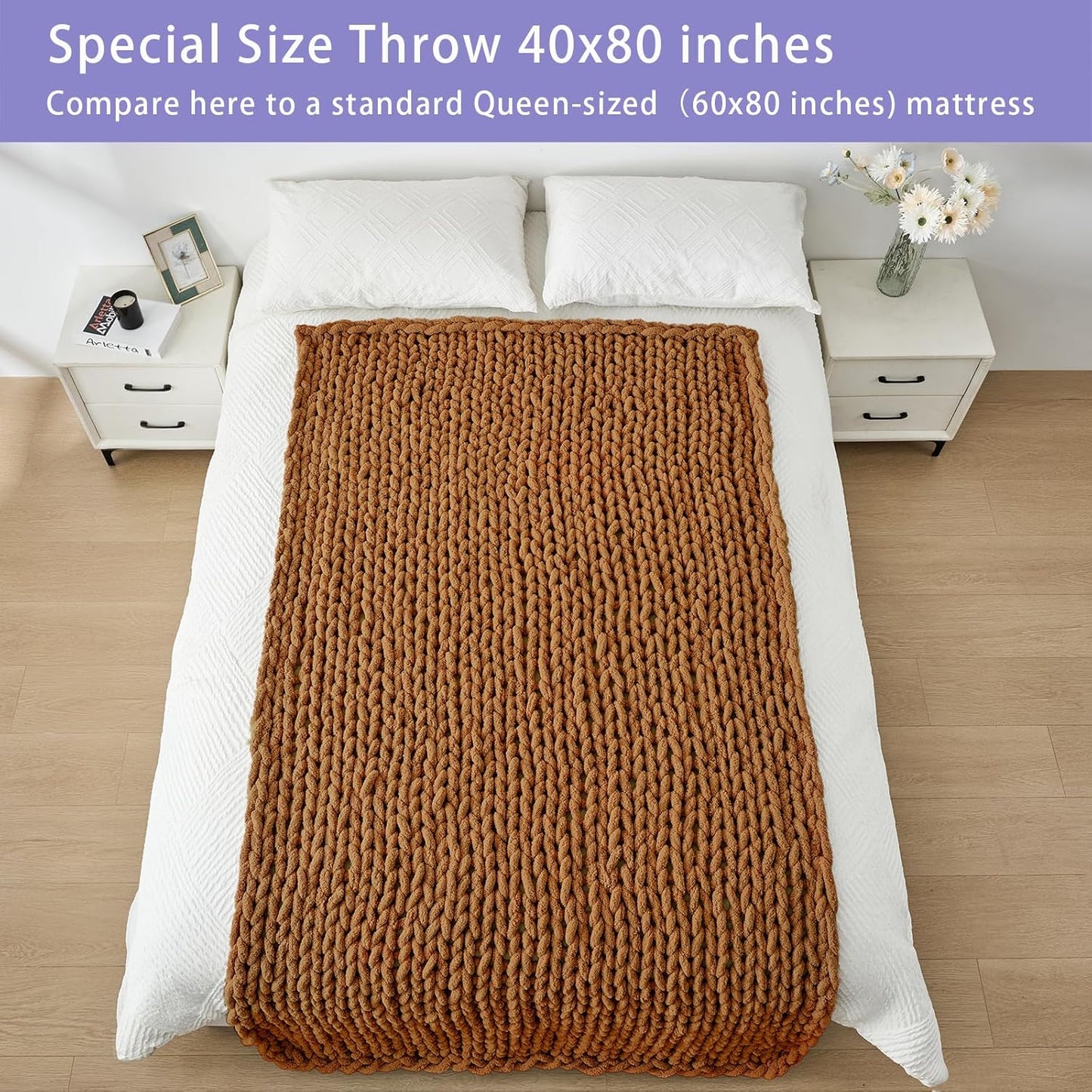 Bigacogo Chunky Knit Throw Blanket for Couch, 40x80 inches, 100% Hand Knitted with Thick Jumbo Chenille Yarn, Cozy Soft Large Rope Knot Cable Crochet Blankets for Sofa Bed Living Room, Caramel