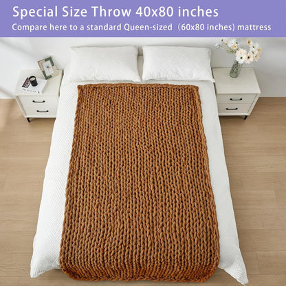 Bigacogo Chunky Knit Throw Blanket for Couch, 40x80 inches, 100% Hand Knitted with Thick Jumbo Chenille Yarn, Cozy Soft Large Rope Knot Cable Crochet Blankets for Sofa Bed Living Room, Caramel