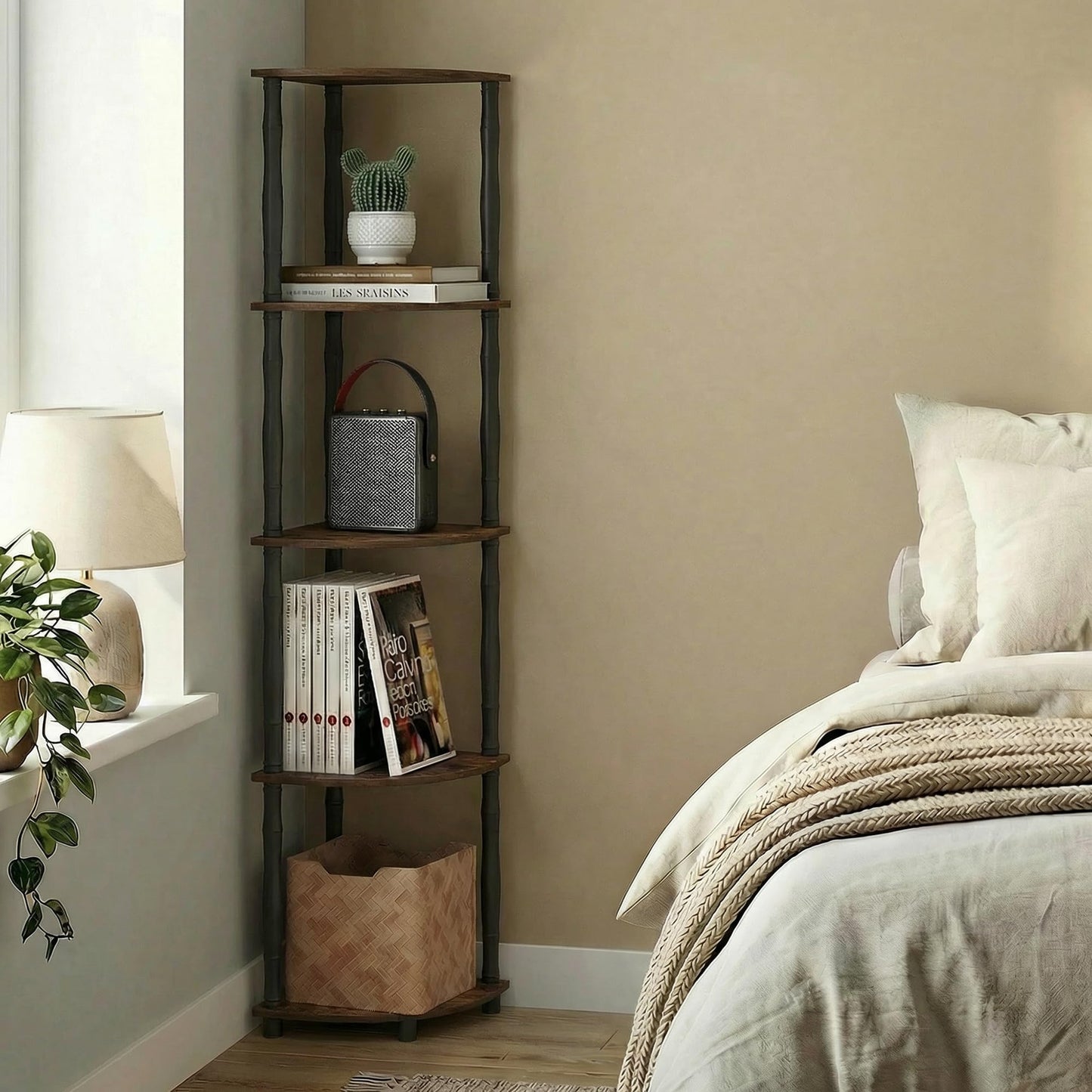 Furinno Turn-N-Tube Storage Shelves, 5-Tier Corner Book Shelf, Standing Corner Shelf, Toolless Open