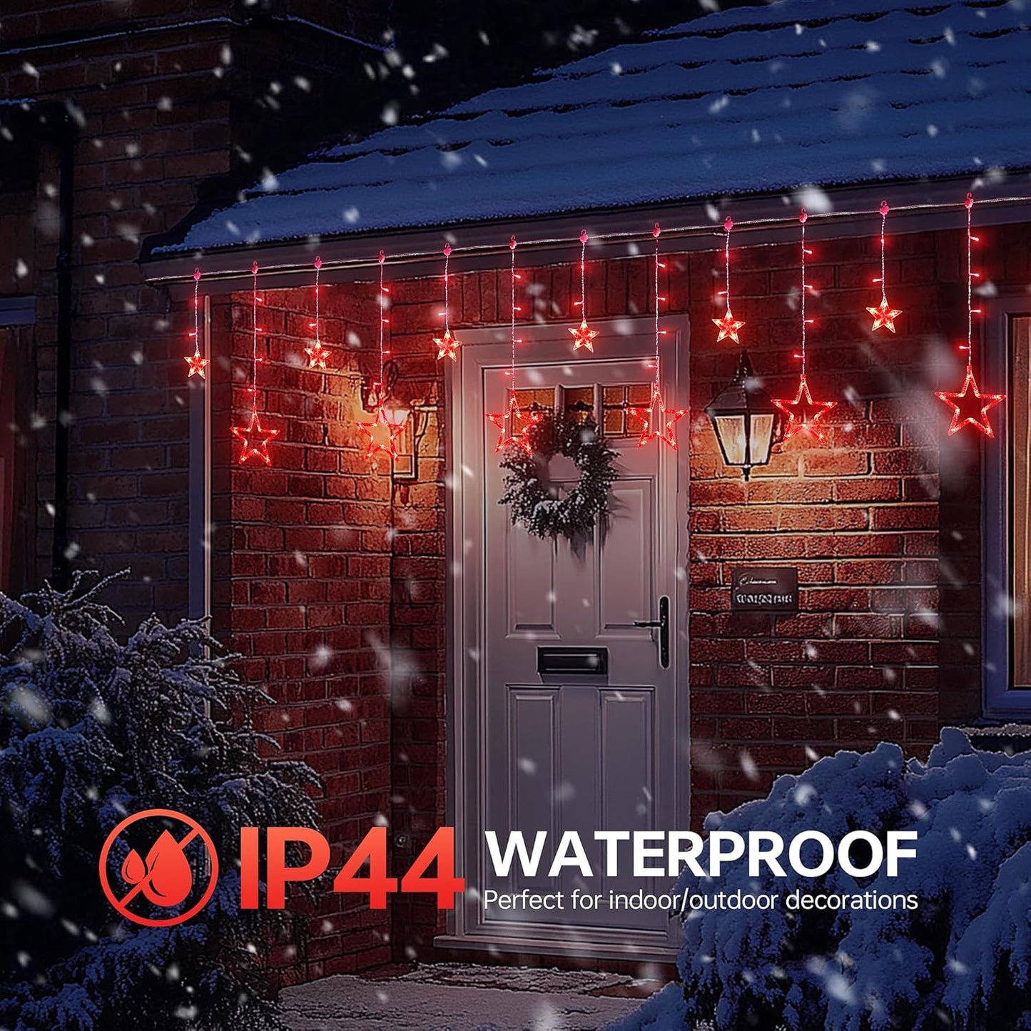 Red Christmas Star Icicle Lights,8.2FT 126LED Curtain String 8 Modes Memory Timer,Connectable Plug in Waterproof for Halloween/Valentine's Day/Patio/Wedding/Party/Xmas Indoor Outdoor Decor,Red