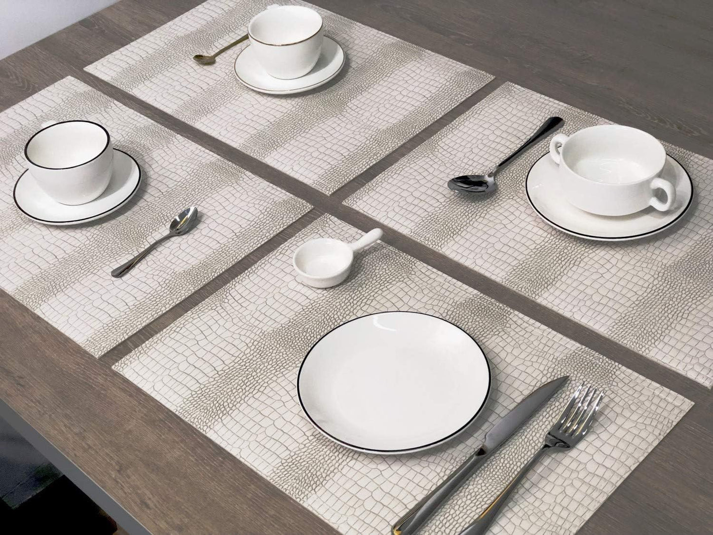 Waterproof PU Placemats, Faux Leather Hardboard Place Mats, Set of 8 Table Mats, Easy to Clean, Heat & Stain Resistant for Office Conference Table, Dining Home Decor, White