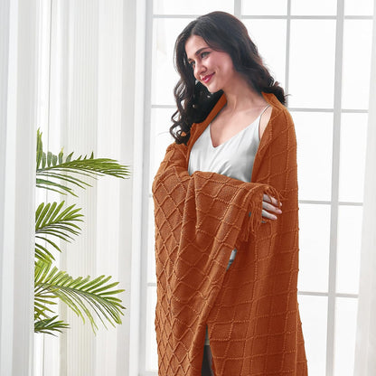 inhand Knitted Throw Blankets for Couch and Bed, Soft Cozy Knit Blanket with Tassel, Orange Rust Lightweight Decorative Blankets and Throws, Farmhouse Warm Woven Blanket for Men and Women, 60"x80"