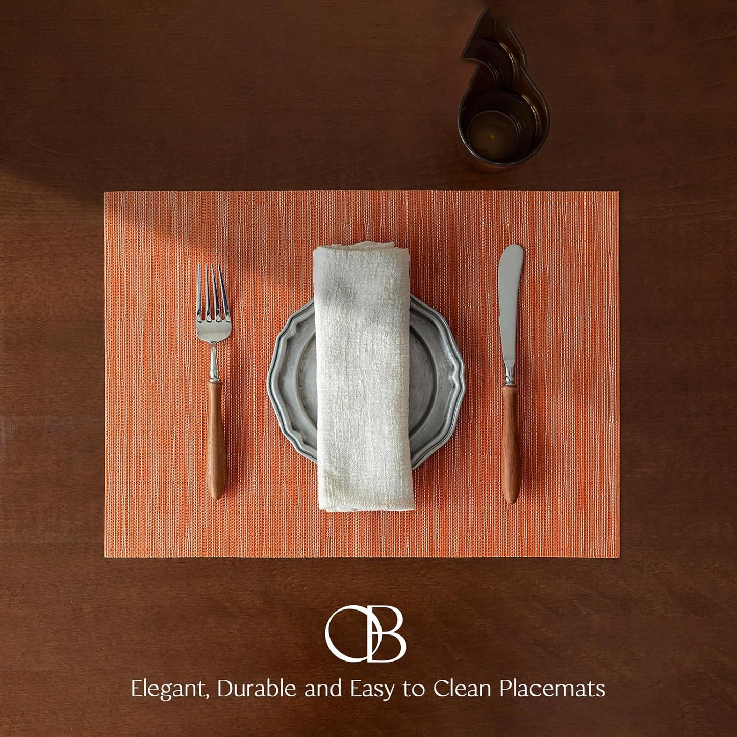 Placemats Set of 8 - Easy Clean Woven Vinyl Placemats for Dining Table, Indoor/Outdoor Place Mats, Washable PVC Table Mats （Orange）