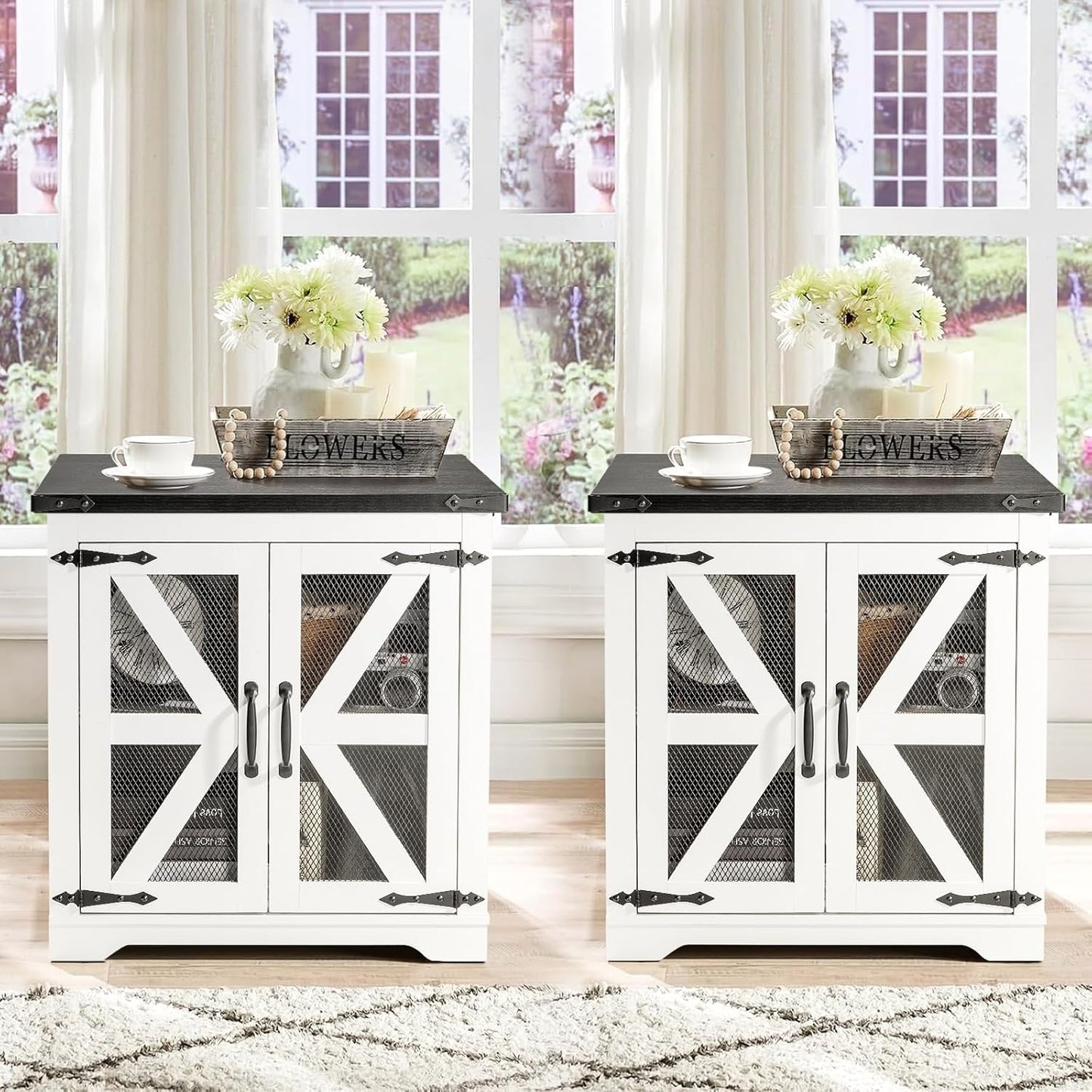 Farmhouse End Table Set of 2, 24" Large Sofa Side Table with Charging Station, Mesh Barn Door, White Nightstand with Adjustable Storage Shelf, Square Nightstand for Living Room, Bedroom