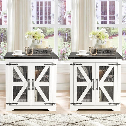 Farmhouse End Table Set of 2, 24" Large Sofa Side Table with Charging Station, Mesh Barn Door, White Nightstand with Adjustable Storage Shelf, Square Nightstand for Living Room, Bedroom