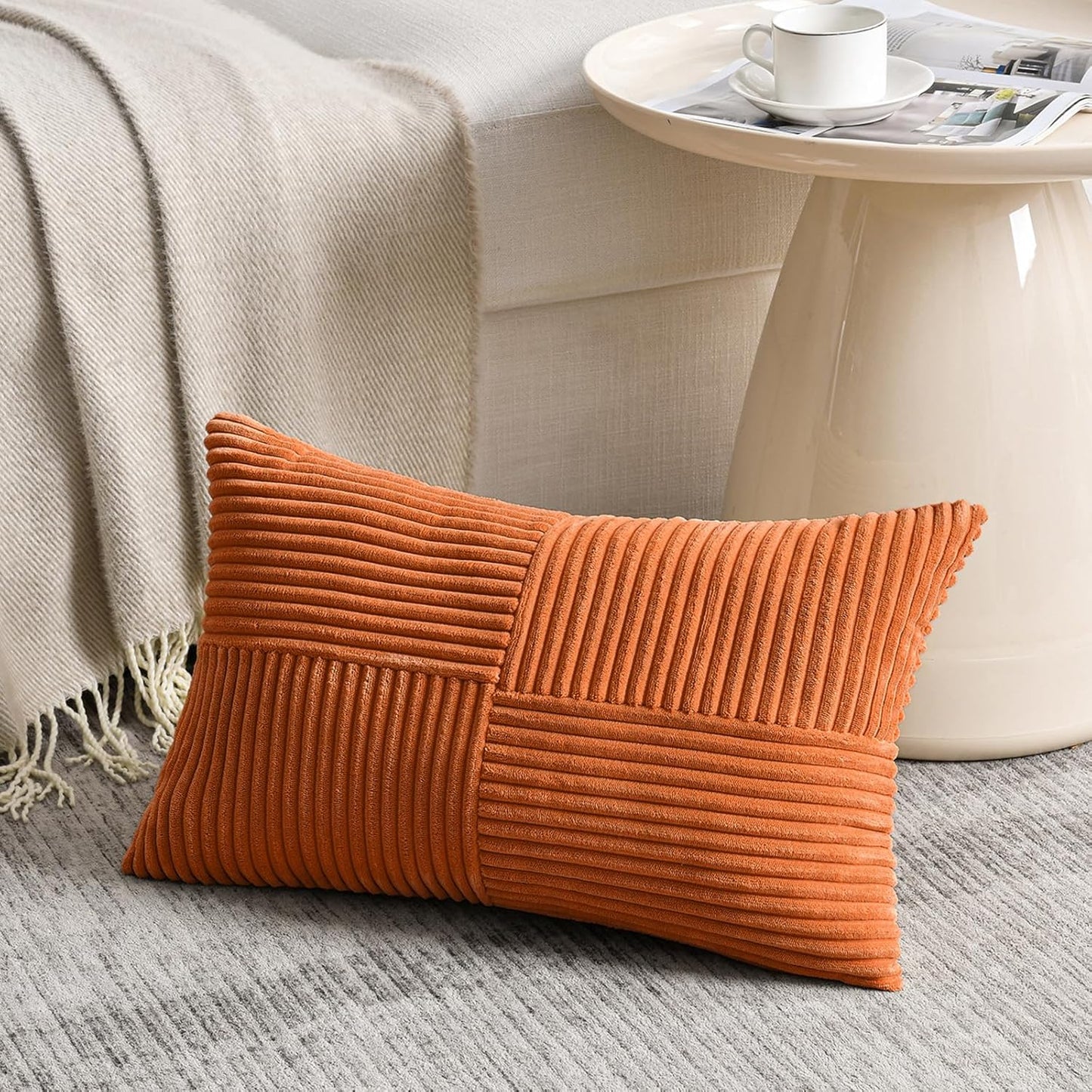 Fancy Homi 2 Packs Orange Long Lumbar Decorative Throw Pillow Covers 16x24 Inch for Couch Bed Sofa, Rustic Farmhouse Boho Home Decor, Soft Striped Corduroy Rectangle Accent Cushion Case 40x60 cm