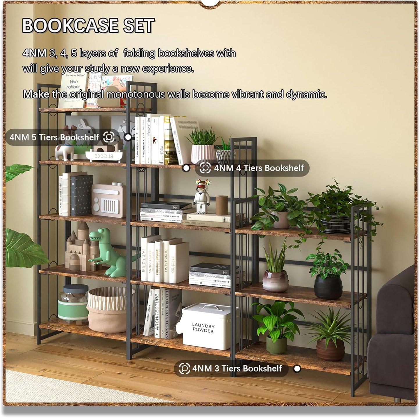 4NM No Assembly 3 Tiers Folding Bookshelf, 35" H Foldable Storage Shelves Vintage Bookcase Standing Racks Study Organizer Home Office - Rustic Brown Black