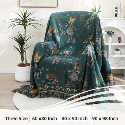 Boho 100% Organic Cotton Large Throw Blanket 50" x 60" - All Season Rustic Ultra Soft Breathable Floral Bird Blanket for Bed Sofa Couch Chair Bedspread Quilt Gift-Teal,Beige