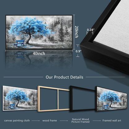 ZUITINGHUA Black Framed Canvas Wall Art For Living Room Wall Decor For Bedroom Office Wall Decoration Blue Tree Landscape Painting Black And White Picture Artwork Room Aesthetic Home Decor 20x40 In