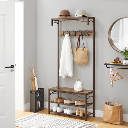 VASAGLE Coat Rack, 3-in-1 Hall Tree, Entryway Shoe Bench Coat Stand, Storage Shelves Accent