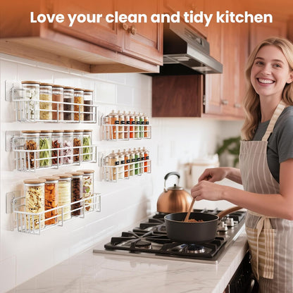 5 Pack Spice Rack Seasoning Organizer Wall Mount, Screw or Adhesive Hanging Shelf Basket Spice Organizer Shelf for Kitchen, White