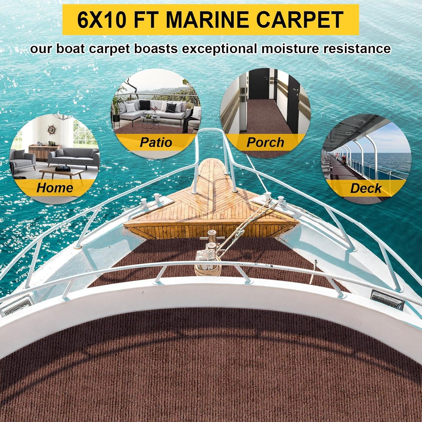 Marine Carpet, 6 FT x 10 FT Brown Indoor Outdoor Surface 0.2" Thick Boat Carpet with Water-Proof TPE Backing, Non-Slip Marine Rug for Home, Patio, Porch, Deck