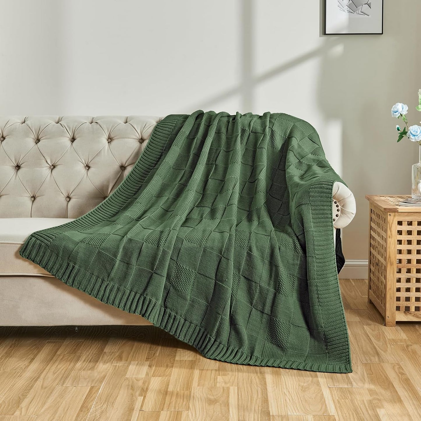 CozeCube Knit Throw Blanket,Christmas Green Checkered Bedroom Blanket for Couch,Soft Cozy Warm Knitted Blanket for Bed Sofa Living Room,Decorative Spring Fall Throw Blanket 50"X60",Christmas Green