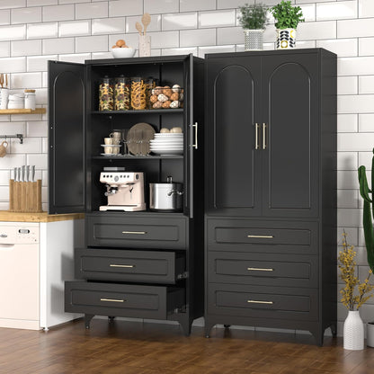 Kitchen Pantry Cabinet, 75" Tall Pantry Cabinet with Three Drawers, Freestanding Food Cupboard with Doors and Shelves, Metal Storage Cabinets for Dining, Living Room, Black, Assembly Required