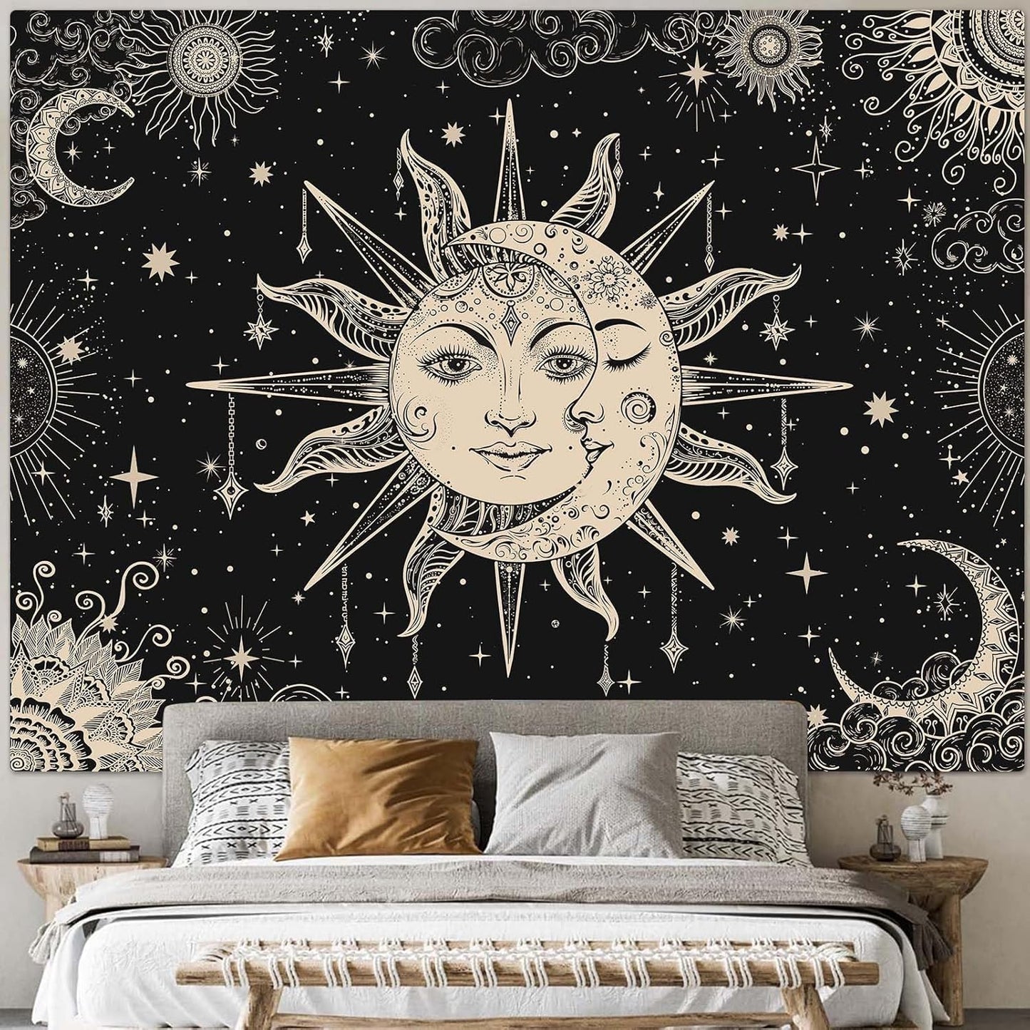 Lunerfex Sun and Moon Tapestry Mandala Wall Tapestry, Vintage Tapestries for Bedroom Ceiling Tapestries Wall Hanging for Bedroom Living Room Decor Sun-2 44"x60"