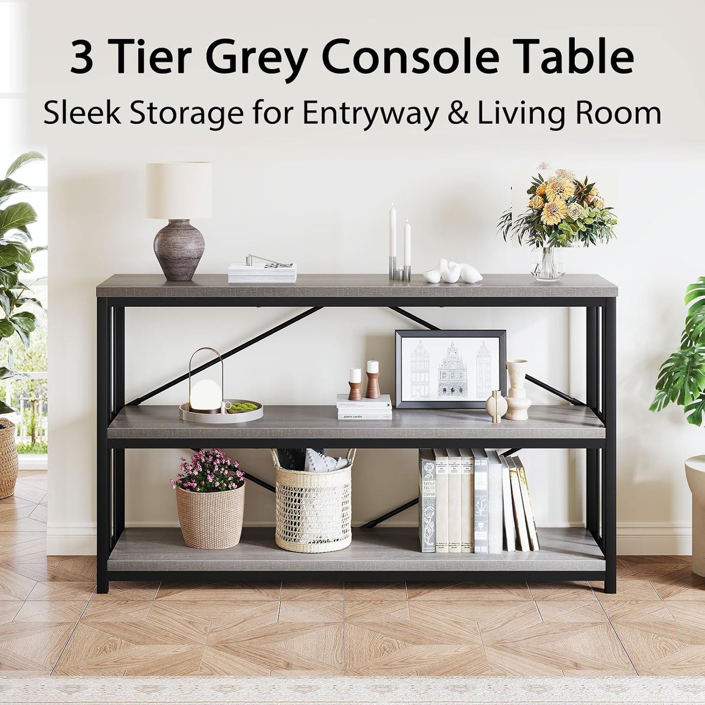 LVB Farmhouse Entryway Table, Metal Wood Console Table for Hallway, Industrial Rustic Sofa Table with 3-Tier Storage Shelf, Modern Entry Table for Foyer Front Home Living Room, Light Grey Oak, 47 inch