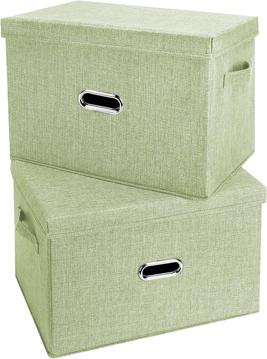 Large Linen Fabric Foldable Storage Bins with Removable Lid and Handles, Washable Storage Box Organizer Containers Baskets Cube with Cover for Bedroom,Closet,Office (Green, Medium(2-Pack))