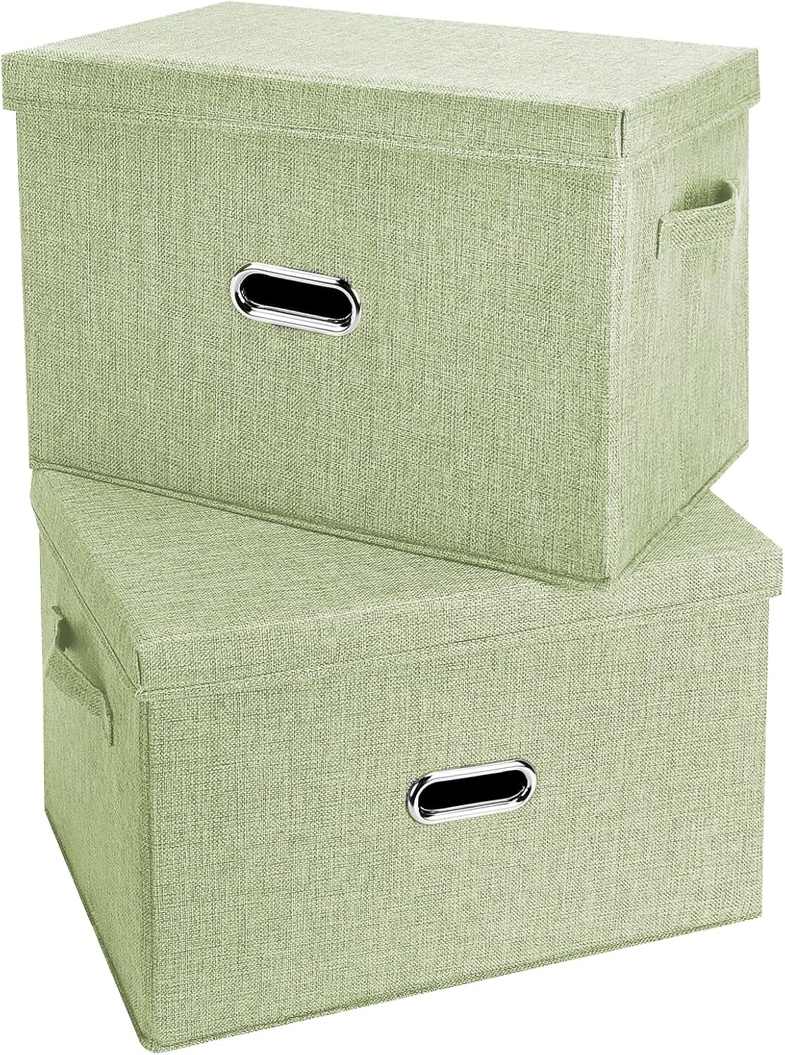 Large Linen Fabric Foldable Storage Bins with Removable Lid and Handles, Washable Storage Box Organizer Containers Baskets Cube with Cover for Bedroom,Office(Green, XXL(2-Pack))