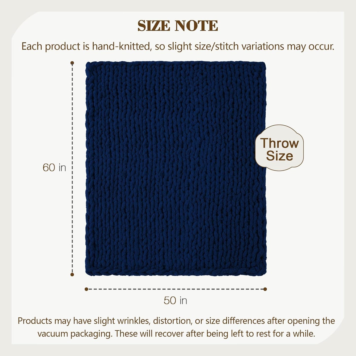 Carriediosa Chunky Knit Throw Blanket 50" X 60", 100% Hand Made Large Chenille Loop Yarn Soft Fluffy Throws for Couch Sofa Bed, Big Crochet Cozy Heavy Thick Cable Woven Blankets, Navy Blue