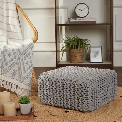 REDEARTH · Cube Low Pouf Foot Stool Ottoman - Hand Knitted Poof - Cord Boho Pouffe - Home Décor - Stuffed Footrest for Living Room - Nursery - Bedroom - Patio (16" x 16" x 8") - Light Gray