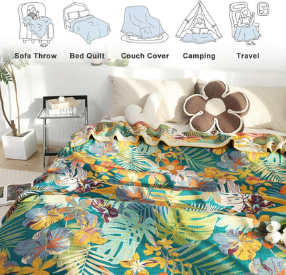 MSGKV Boho Throw Blanket for Couch and Sofa Cotton Blankets for Living Room Bedroom Reversable Florals Throw 60"x80" Breathable Cozy Blankets
