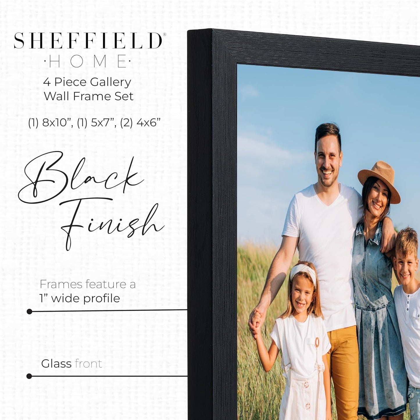 Sheffield Home 4 Piece Gallery Wall Frame Set, 8x10 Inch, 5x7 Inch, and 4x6 Inch, Black