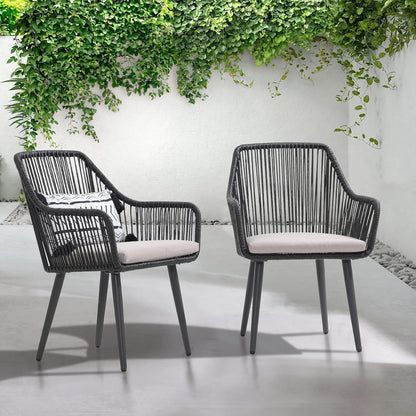 Patiorama Outdoor Dining Chairs, Patio Dining Chair Set of 2, All-Weather Woven Rope Rattan Chairs, Outdoor Dining Wicker Chairs with Armrests for Indoor Balcony Pool Backyard(Black)
