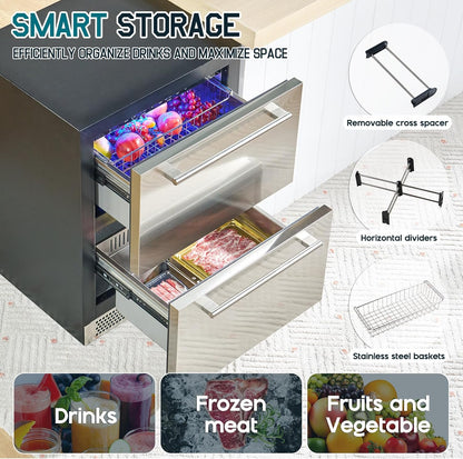 Albott 24 Inch Under Counter Drawer Fridge – Stainless Steel Dual-Zone Beverage Refrigerator with LED Touch Control, Adjustable Storage, Frost-Free, Low Noise, 37℉-50℉, -0.4℉ to 37℉