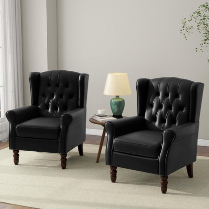 Accent Chair, Upholstered Armchair with Button Tufted High Back & Solid Wood Legs, Comfy Wingback Reading Single Sofa Chair for Small Spaces, Living Room, Bedroom (Leather Black, Set of 2)