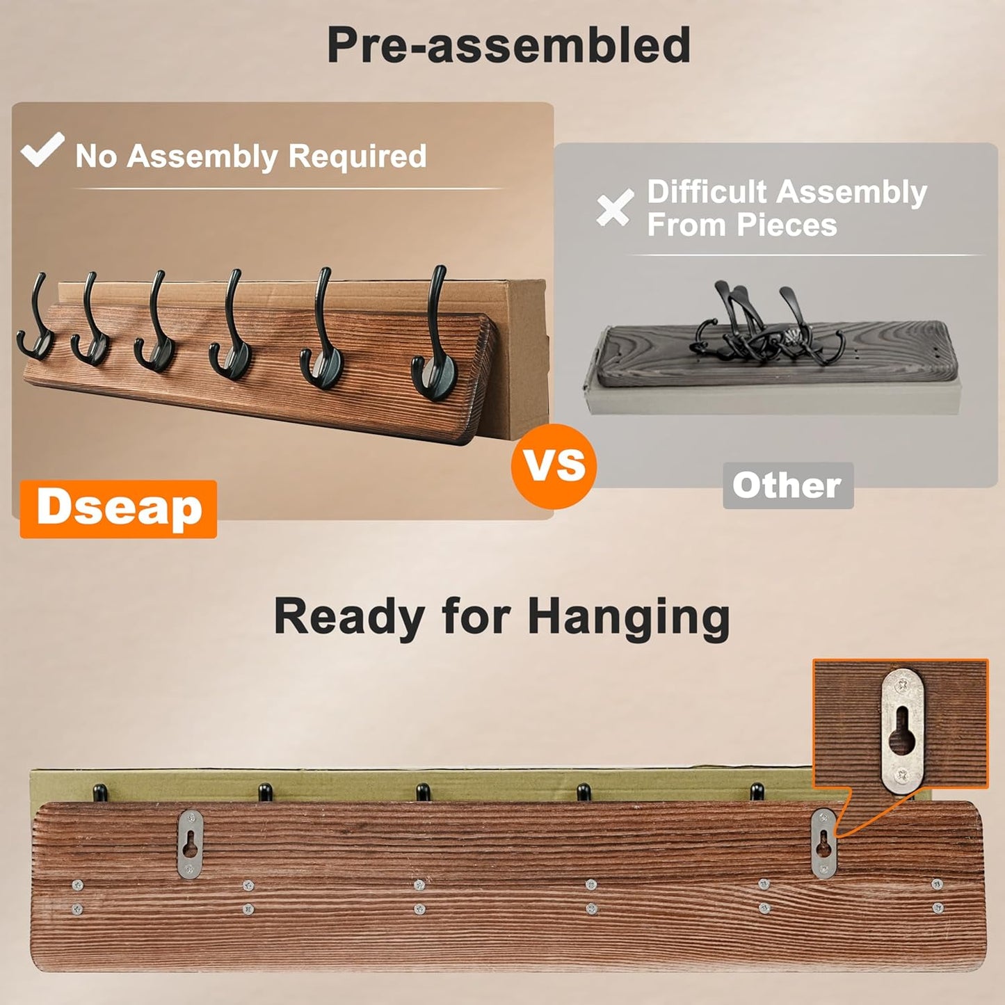 Dseap Coat Rack Wall: 24" Long, Patented, Heavy-Duty, 6-Double-Hooks Wooden Wall Mounted Coat Rack Coat Hanger Hook Rail for Winter Coats Hat Jacket Clothing, Weathered Blue, Pack of 2