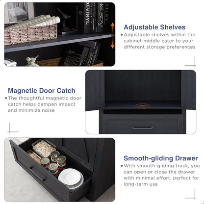 Farmhouse Kitchen Pantry Cabinet - 72" Tall Large Wood Kitchen Storage Cabinets with Adjustable Shelves & 2 Barn Doors & Drawer, Versatile Storage for Dining Room, Bathroom, Living Room, Antique Black