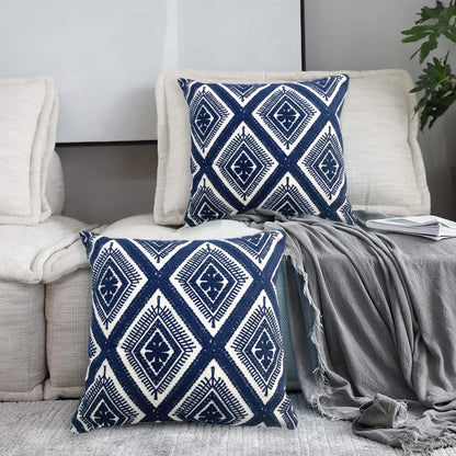 Alysheer Embroidered Decorative Throw Pillow Covers 18x18 inches Set of 2 Pieces, Boho Geometric Modern Chic Classic Pattern Cotton Cushion Cases for Sofa Couch Bed Living Room(Navy Blue)