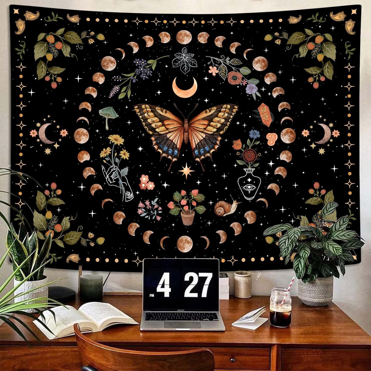 Aipon Yellow Butterfly Moon Flower Tapestry Botanical Floral Plant Boho Tapestry for Bedroom Aesthetic Vintage Tapestries Wall Hanging for Living Room Dorm (36.00'' × 48.00'', Yellow)