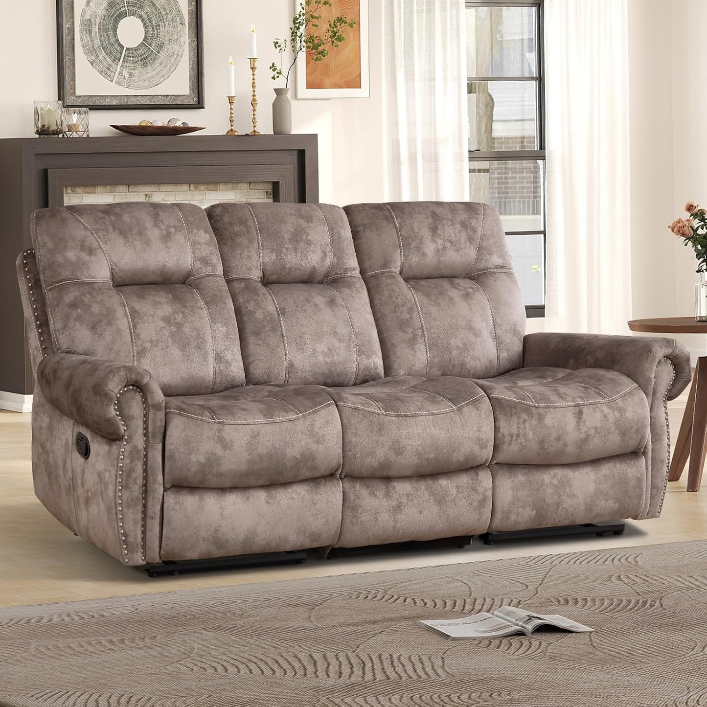 EBELLO Manual Recliner 3 Seat Sofa Couch, Soft Fabric 3 Seater Reclining Couch Chair, Vintage Rivet Mid-Century Design Furniture for Living Room, Meeting Room, Brown