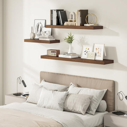 Wide Floating Shelves for Wall 12 Inch Deep, 36" X 12" X 2" Floating Shelf, 2 Inch Thick Shelf for Bathroom Bedroom Kitchen Book Room, Heavy Duty 65lbs Shelves for Farmhouse Decor Set of 2, Walnut