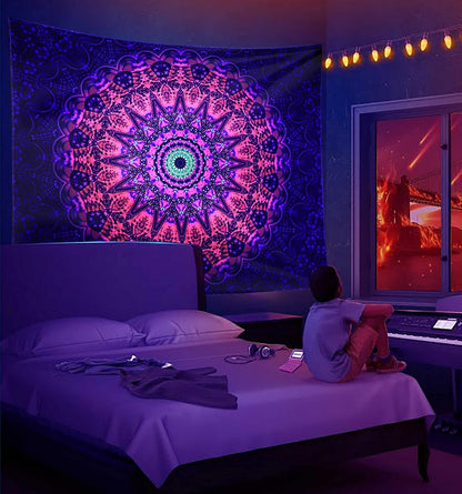 ADDWel Blacklight Mandala Boho Tapestry Glow In The Dark, Black Light Bohemian Hippie Poster Wall Hanging for Bedroom Aesthetic Wall and Room Decor (50" x 60", Mandala)