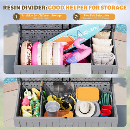 Flamaker Resin Deck Box 250 Gallon, Waterproof Imitation-Wood Lockable Storage Box with Separator Plate Outdoor Indoor, Garden, Patio Furniture for Tools&Pool Accessories (Gray)