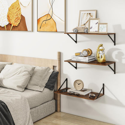 Heimlove 24" W x 12" D Wall Shelves for Books, 12 Inch Deep Floating Shelves Set of 3, Wide Floating Bookshelf with Metal Bracket for Living Room, Kitchen, Office, Bedroom and Decor - Rustic Brown