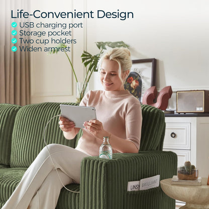 LINSY HOME Sectional Sleeper Sofa with Pull Out Couch Bed Convertible Plush Corduroy Cloud Couch with Storage Chaise & USB Charging, Comfy L Shaped Modular Couches for Living Room Apartment (Green)