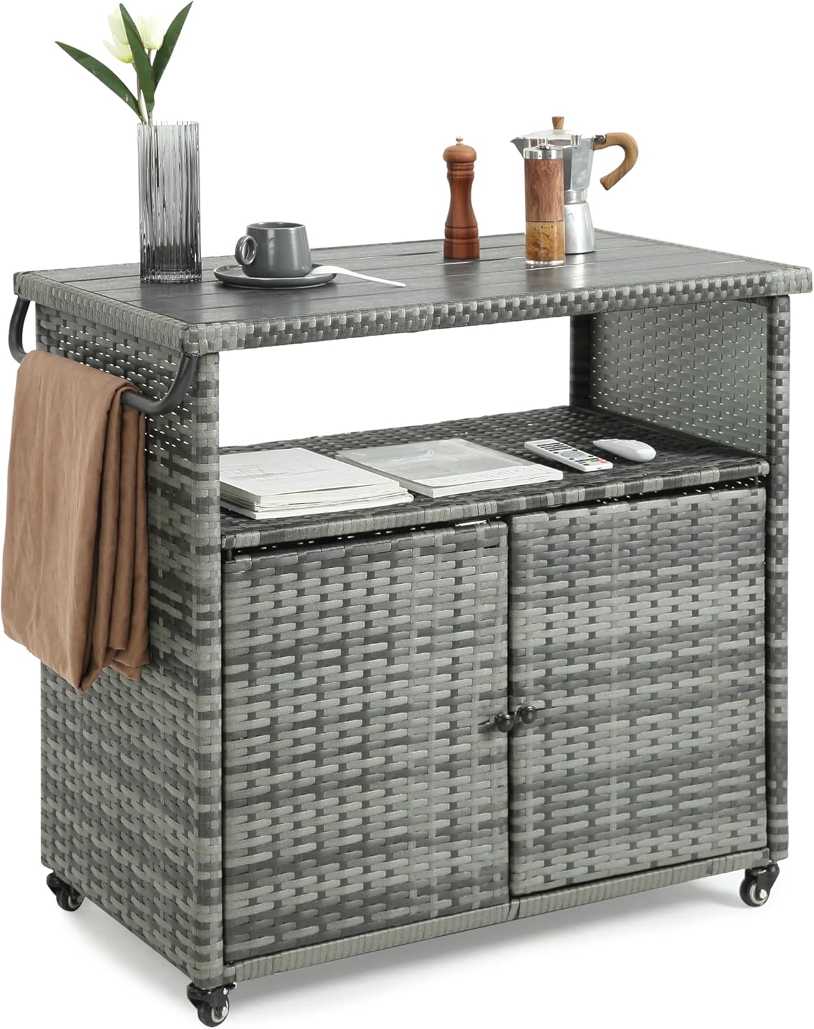 Wicker Outdoor Bar Cart - Gray Gradient Patio Console Storage Table Buffet Cabinet Serving Kitchen Cart with Wheels for Outside Backyard