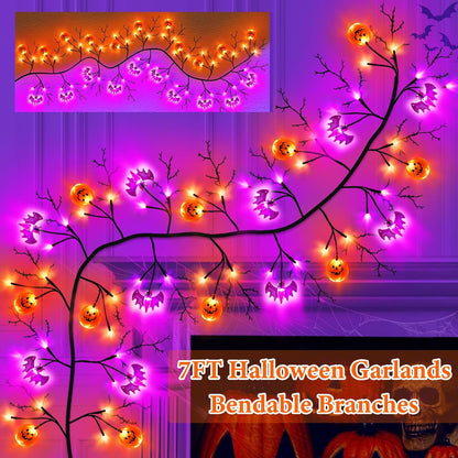 7 Ft 63 LED Halloween Willow Vine Twig Garland with 8 Modes Timer Orange Purple 21 Pumpkin Bats Lights,Halloween Garland with Waterproof Battery Operated for Indoor Wall Fireplace Decorations