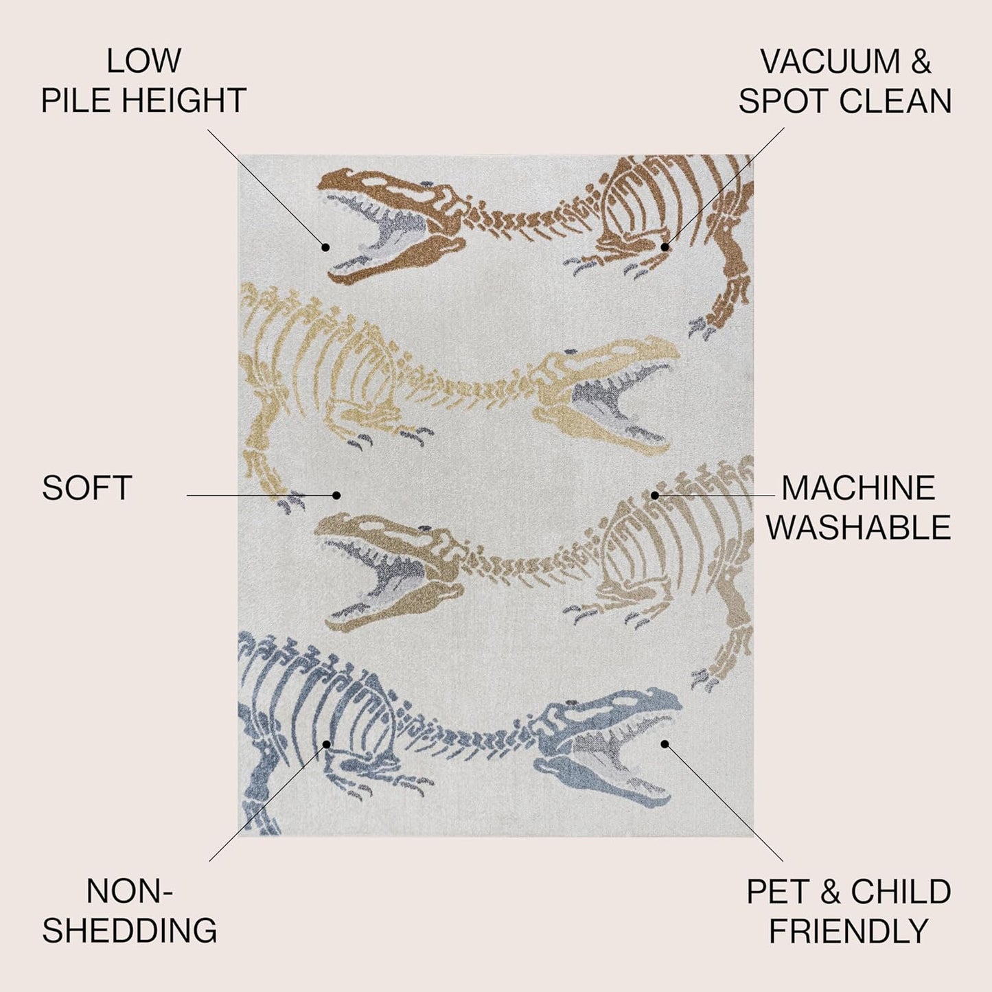 JONATHAN Y Machine-Washable Cream/Multi Indoor Area Rug, 8x10, Kingdarr T-Rex Modern, Casual, Kids & Novelty for Living Room, Dining Room, Bedroom, Kitchen Easy-Cleaning, Non-Shedding (KDW103A-8)