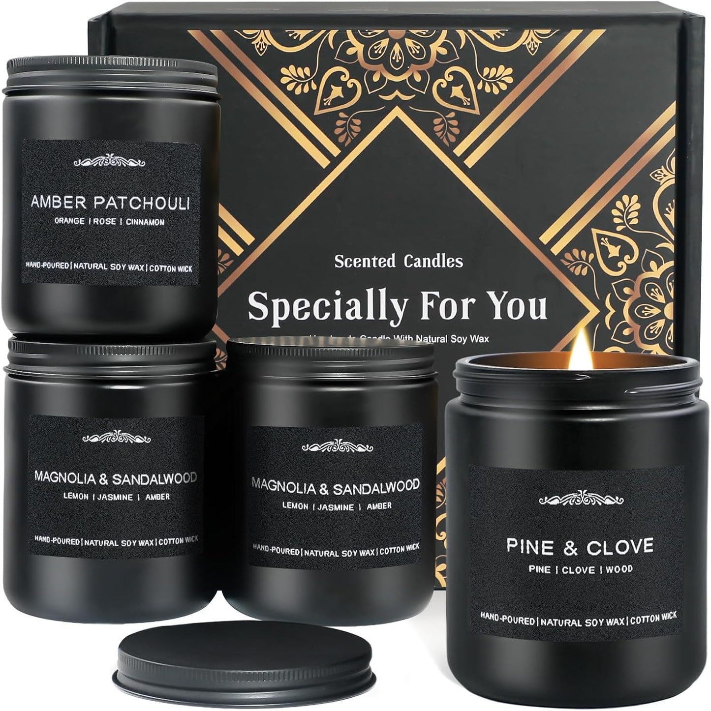 Scented Candle Set for Men, 4 Pack Black Jar Candles with Manly Scents ??Amber Patchouli, Magnolia Sandalwood, Cedar Oakmoss, Pine Clove, Soy Wax Aromatherapy Gift for Him, Dad, Husband, Father's Day
