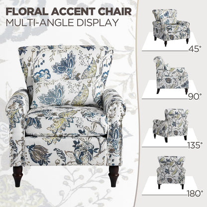 Wingback Accent Chair with Removable Pillow, High Back Floral Armchair with Solid Wood Legs & Nailhead Trim, Comfy Upholstered Reading Single Sofa Chair for Bedroom (1, Blue Floral Pattern)