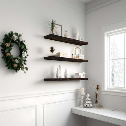 Wood Floating Shelves for Wall Decor, Rustic Wall Shelves for Bedroom Bathroom Kitchen Living Room, Set of 4 Walnut 24 Inch