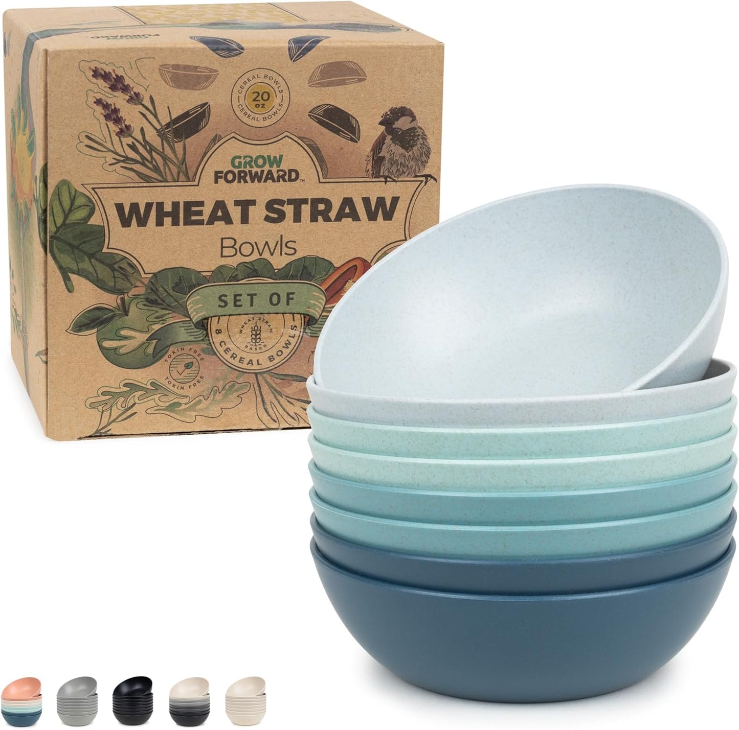 Grow Forward Premium Wheat Straw Bowls - 20oz Microwave Safe Plastic Cereal Bowls Set of 8 for Kitchen, Camping, RV, Dessert, Snack, Soup, Salad, Fruit - Reusable, Unbreakable & BPA Free - Seascape